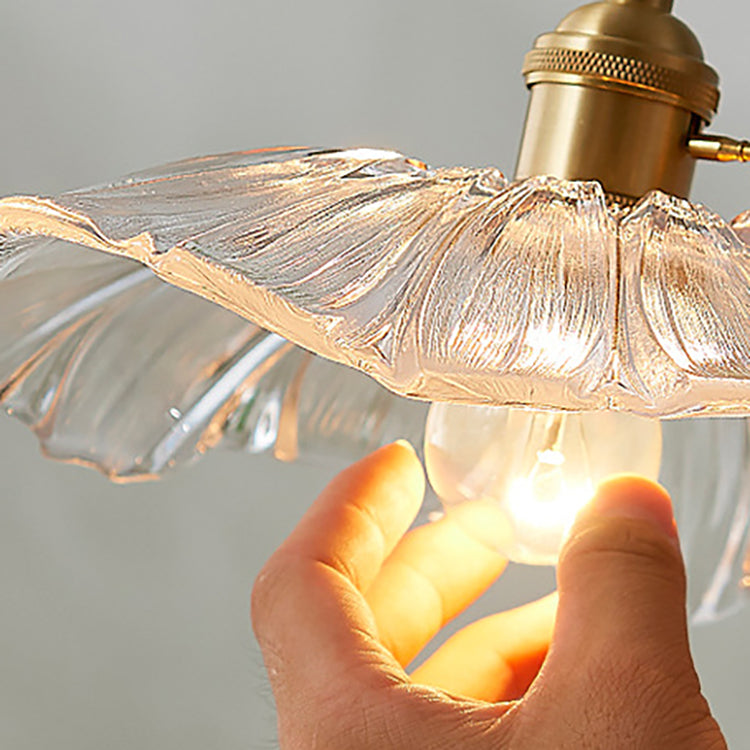 Traditionelle Vintage Messing Lotusblatt Glasschirm 1-Licht Pendelleuchte für Wohnzimmer 
