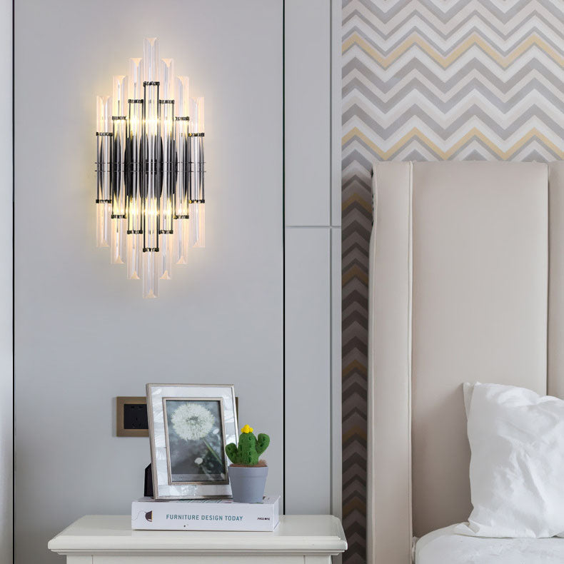 Modern Luxury Crystal Hardware Geometric Column Rechargeable 2-Light Wall Sconce Lamp For Living Room &amp; Bedroom