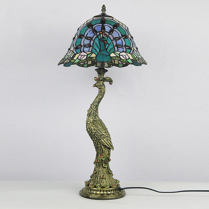 Lampe de table vintage Tiffany Peacock Gem Dome en résine et verre à 1 lumière 