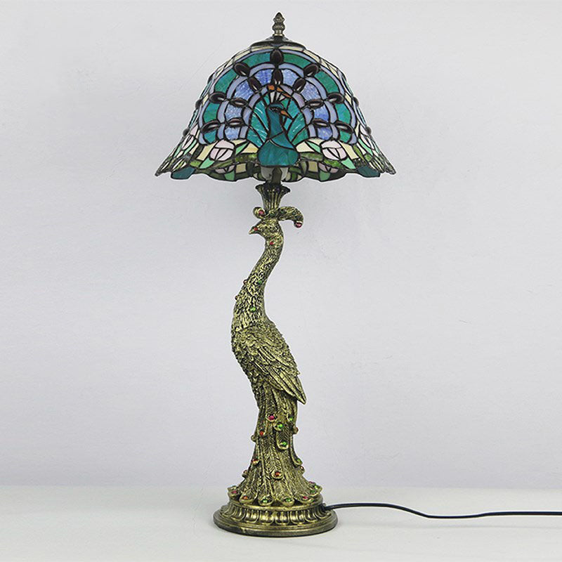 Vintage Tiffany Peacock Gem Dome Glass Resin 1-Light Table Lamp