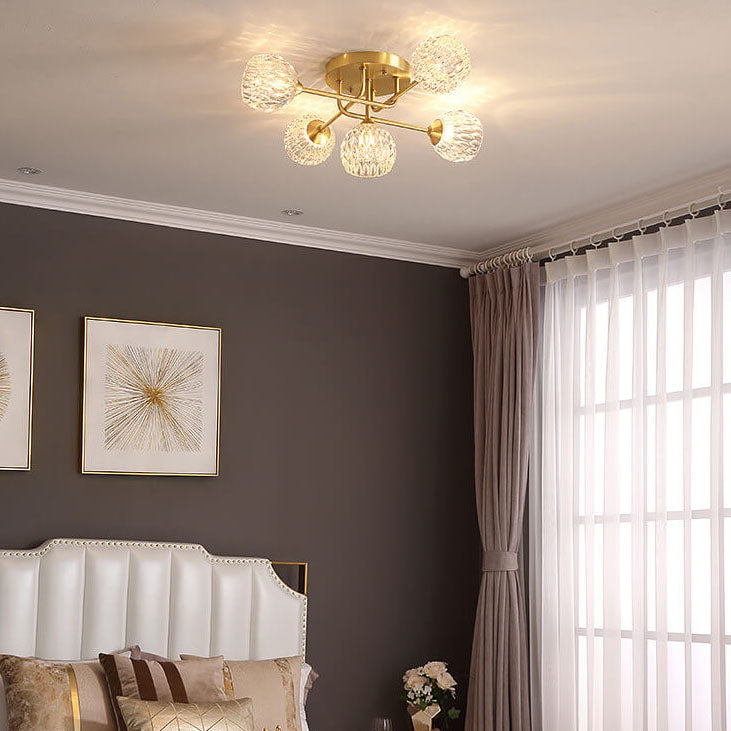 Plafonnier semi-encastré à 5 lumières en verre cristal rond en cuivre de style moderne du milieu du siècle 