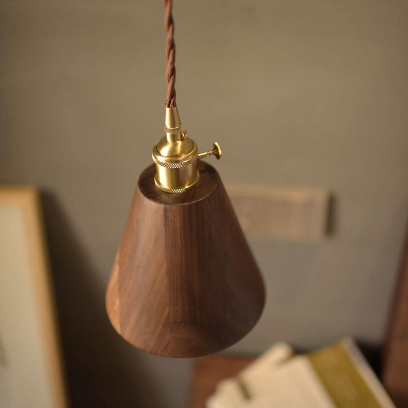 Japanese Vintage Walnut Brass Dome 1-Light Pendant Light