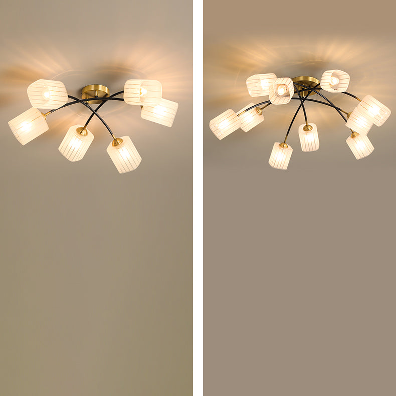 Traditionelle japanische mattierte quadratische Glas-Kupfer 6/8-Light Semi-Flush-Mount-Deckenleuchte für das Wohnzimmer 