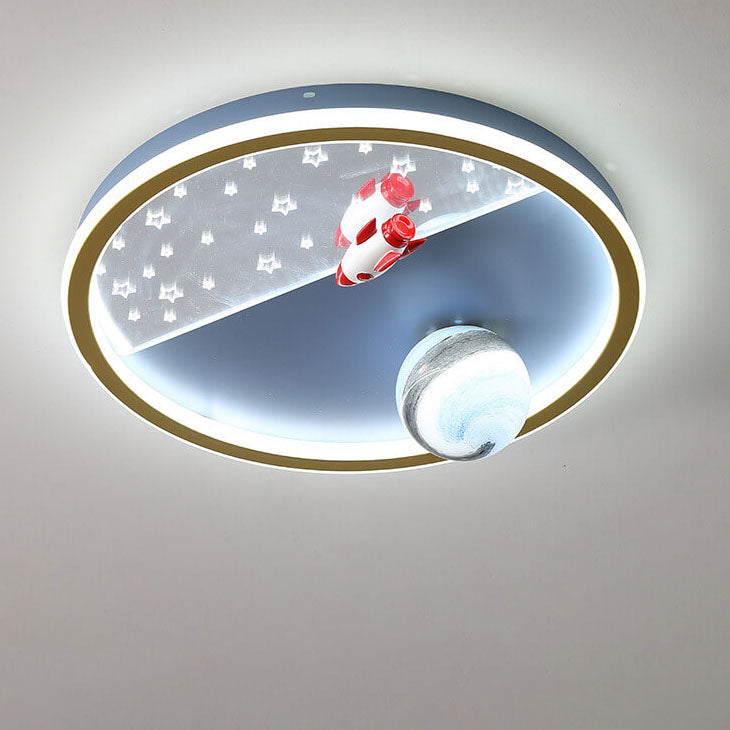 Creative Cartoon Rocket Planet Round Iron LED Kids Flush Mount Ceiling Light