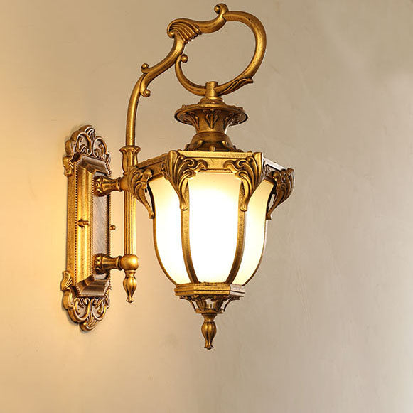 Traditional European Aluminum Glass Carved Lantern 1-Light Outdoor Waterproof Wall Sconce Lamp
