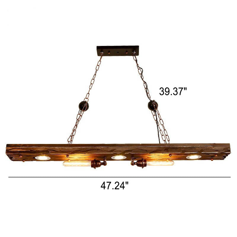 Lámpara de araña rectangular de madera y hierro industrial retro de 5 luces para isla 