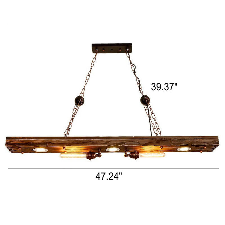 Lámpara de araña rectangular de madera y hierro industrial retro de 5 luces para isla 