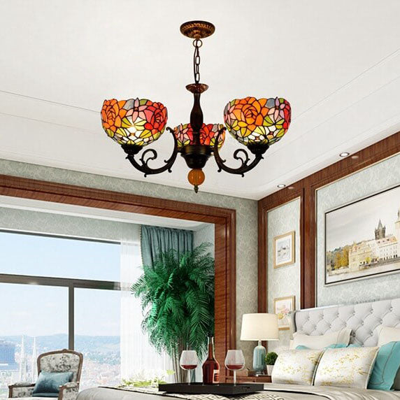 European Tiffany Showy Rose Stained Glass 3-Light Chandelier