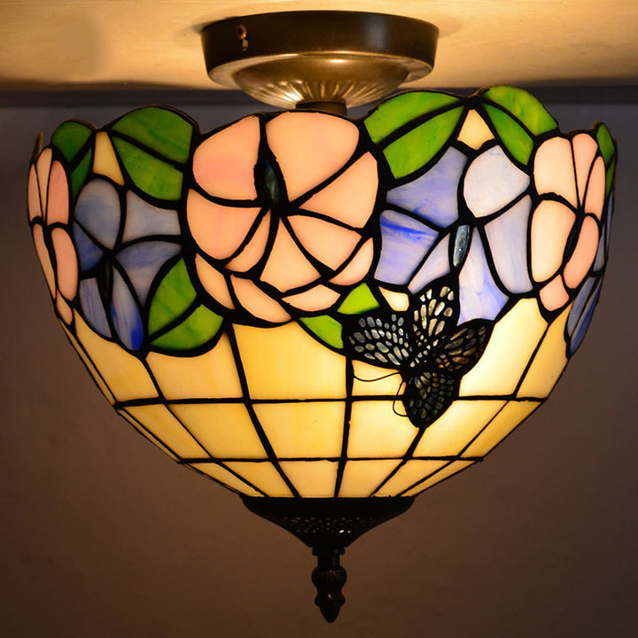 Traditional Tiffany Stained Glass Iron Bowl Round 2-Light Semi-Flush Mount Ceiling Light for Living Room