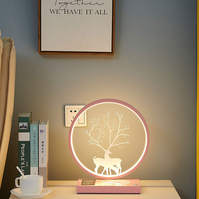Lampe de table décorative tactile de chargement sans fil LED avec design créatif de cerf rond 