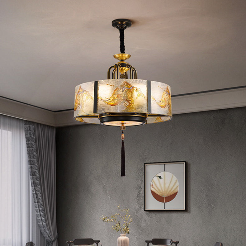 Cylindre en verre émaillé chinois traditionnel avec cadre en laiton 4/6 lumières lustre pour salon 
