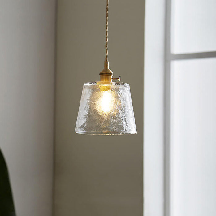 Traditionelle Vintage-Pendelleuchte aus Glas und Kupfer mit rundem Trommelschirm, 1-flammig, für das Wohnzimmer 
