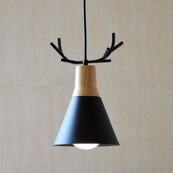 Modern Minimalist Antler Wood Iron Cone 1-Light Pendant Light For Living Room