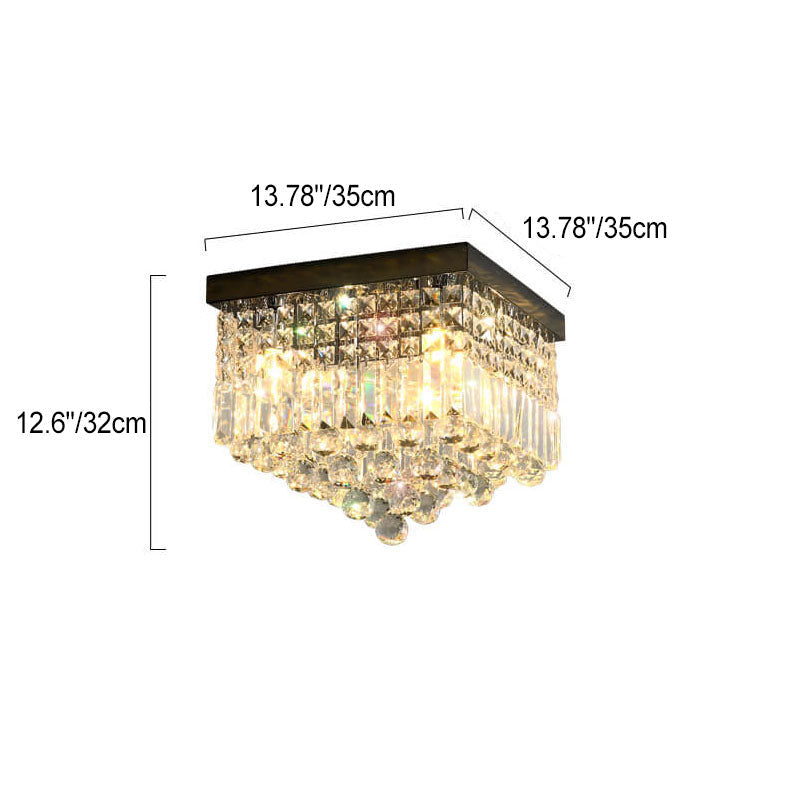 Traditional European Square Crystal Beaded Curtain 4-Light Flush Mount Ceiling Light For Living Room