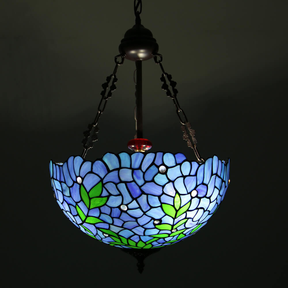 Lámpara de araña redonda de 3 luces de estilo vintage tradicional Tiffany con herrajes y vidrio teñido violeta 