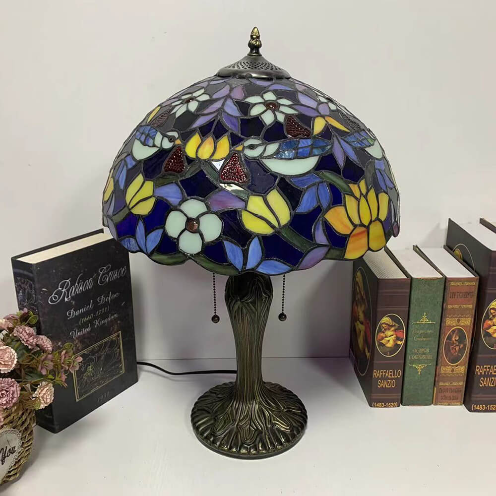 Lampe de table à 1 lumière en forme de fleur en vitrail en fer de luxe Tiffany 