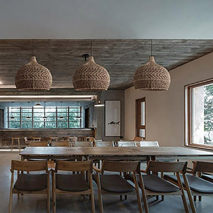 Contemporary Boho Rattan Weaving Cage 1-Light Pendant Light For Dining Room