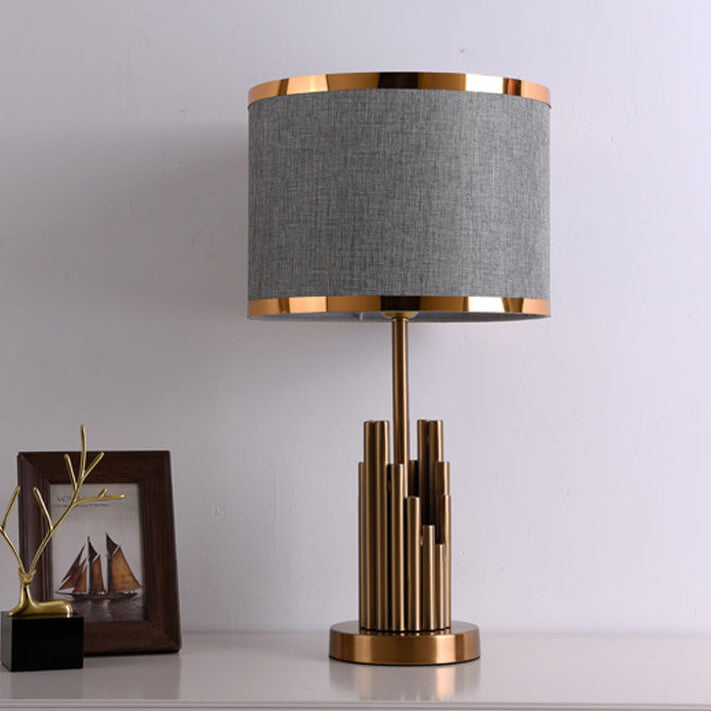 Lámpara de mesa de 1 luz con diseño cilíndrico simple de lujo ligero y moderno de tela 