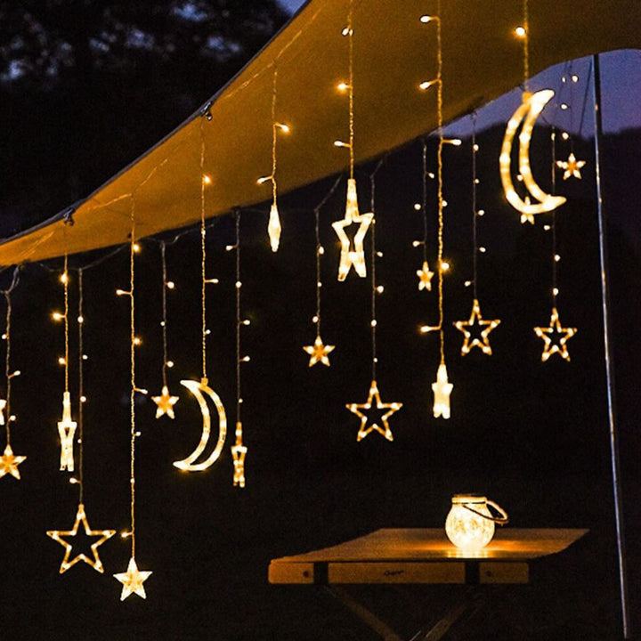LED-Solar-Stern-Mond-Vorhang-Licht-Weihnachtsterrasse im Freien Dekorative Camping-Schnur-Lichter 