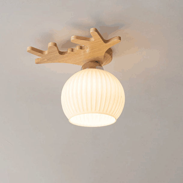 Lámpara de techo semiempotrada de 1 luz con cúpula de cristal y diseño de asta en madera maciza estilo nórdico contemporáneo para pasillo 