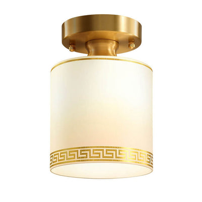 Modern Chinese Full Brass Glass Cylindrical 1-Light Semi-Flush Mount Ceiling Light