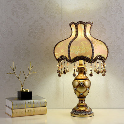 European Vintage Fabric Tassel Bead Resin 1-Light Table Lamp