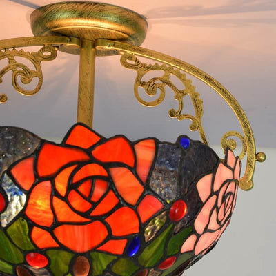 Tiffany European Stained Glass Rose Design 2-Light Semi-Flush Mount Light