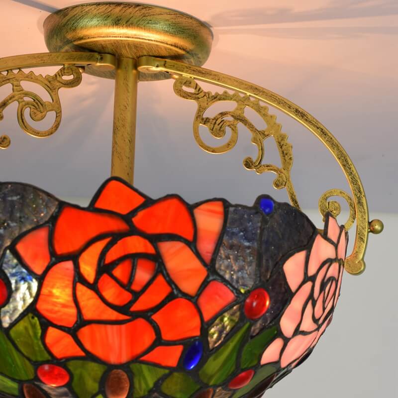 Tiffany European Stained Glass Rose Design 2-Light Semi-Flush Mount Light