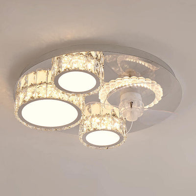 Modern Luxury Crystal Stainless Steel LED Flush Mount Ceiling Fan Light