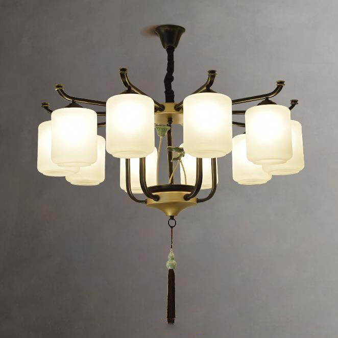 Traditioneller chinesischer Eisenrahmen Zylinder Glasschirm 6/8/10/12-Licht Kronleuchter für Wohnzimmer 