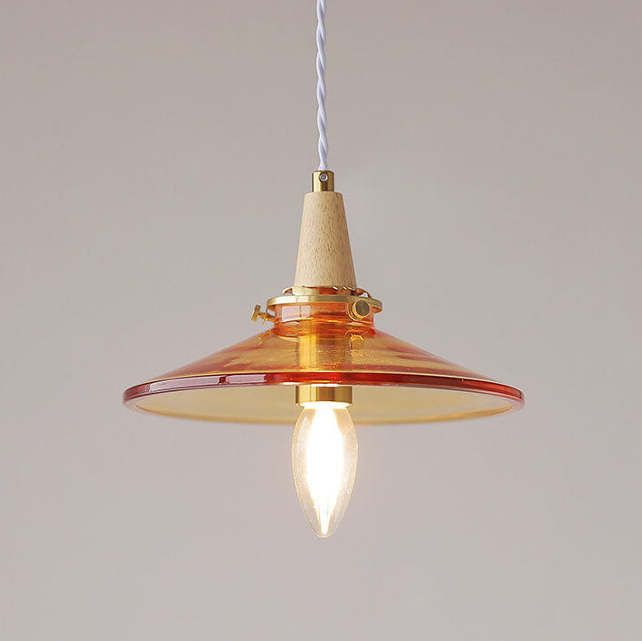 Lustre suspendu vintage en verre orange avec cône et bois massif à 1 ampoule 