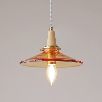Vintage Orange Glass Cone Solid Wood 1-Light Pendant Light