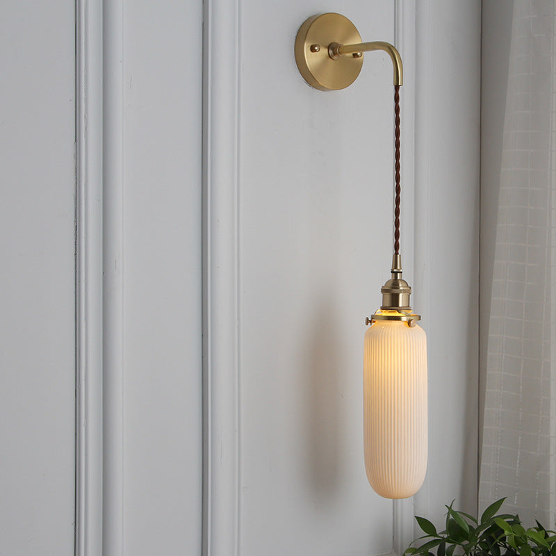 Japanese Retro Minimalist Cylinder Oval Brass Lucite 1-Light Wall Sconce Lamp
