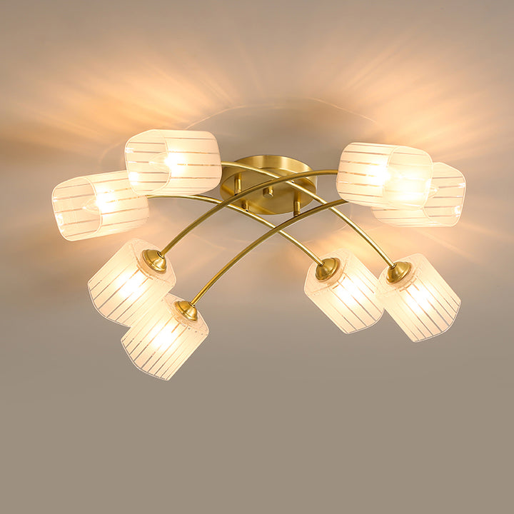 Traditionelle japanische mattierte quadratische Glas-Kupfer 6/8-Light Semi-Flush-Mount-Deckenleuchte für das Wohnzimmer 