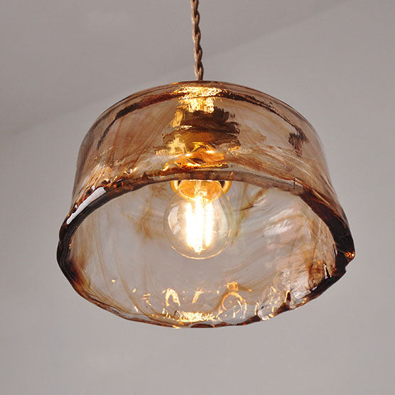Traditional Vintage Amber Drum Round Glass Brass 1-Light Pendant Light For Living Room