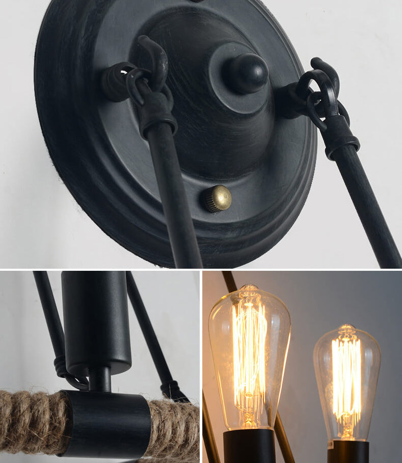 Vintage Industrial Hemp Rope Iron 2-Light Wall Sconce Lamp