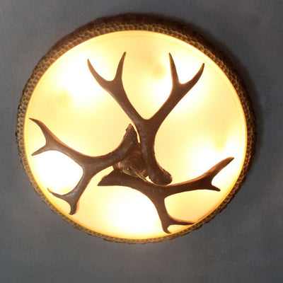 Vintage Industrial Antler Resin Glass Round  2/3/5 Light Flush Mount Ceiling Light