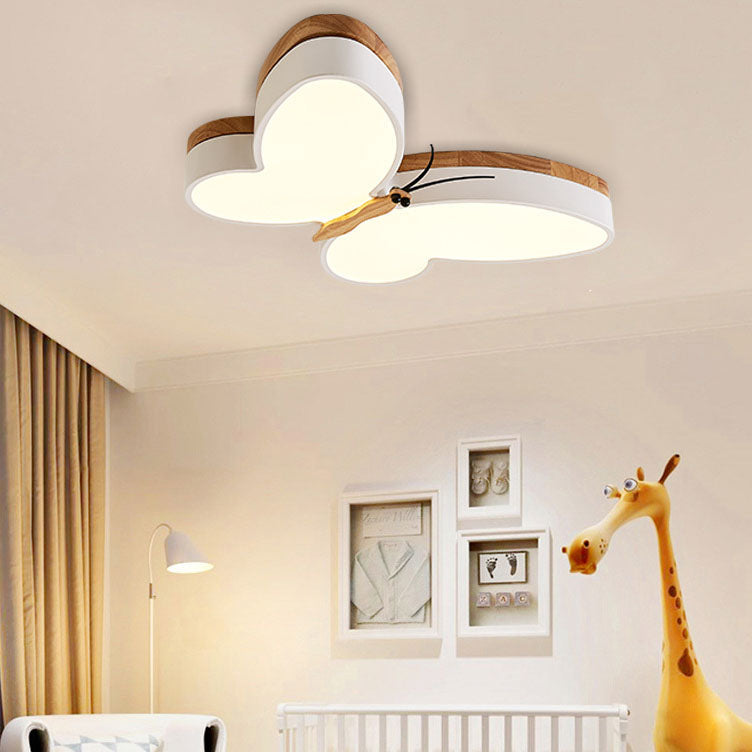 Contemporary Creative Butterfly Rubberwood Metal Acrylic LED Flush Mount Ceiling Light For Bedroom