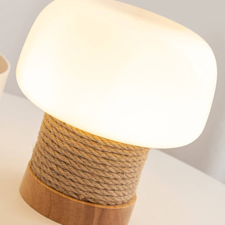 Lampe de table Vintage Crème Champignon Verre Ficelle Chêne 1 lumière 