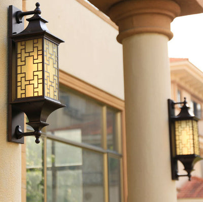 Outdoor Chinese Square Lantern Cage Waterproof 1-Light Wall Sconce Lamp