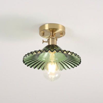 Japanese Vintage Glass Brass Lotus 1-Light Semi-Flush Mount Ceiling Light