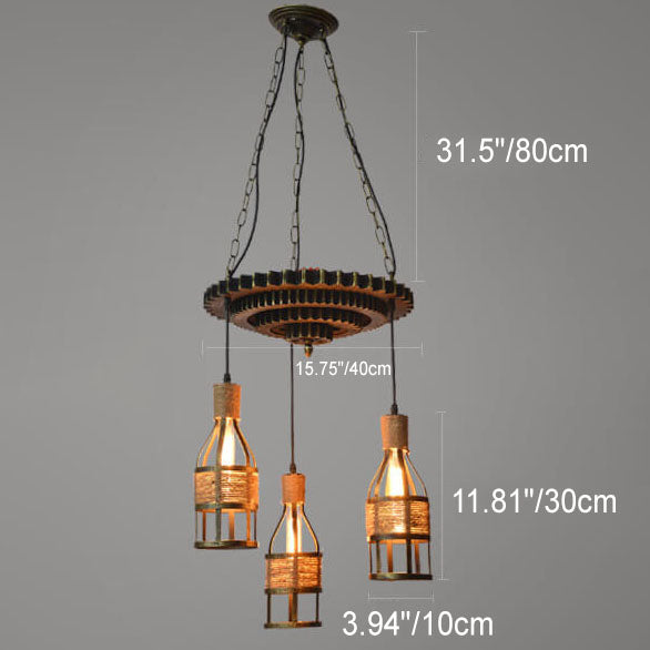 Industrial Vintage Gear Twine Bottle 3-Light Chandelier