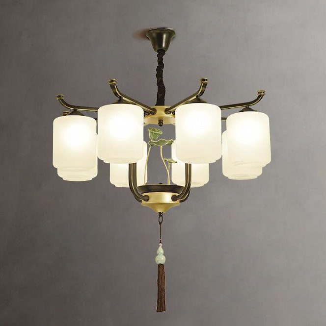 Traditioneller chinesischer Eisenrahmen Zylinder Glasschirm 6/8/10/12-Licht Kronleuchter für Wohnzimmer 