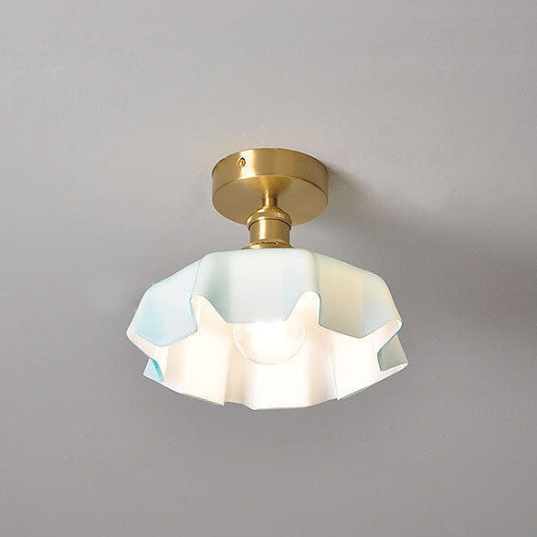 Japanese Vintage Cream Glass Floral Brass 1-Light Semi-Flush Mount Ceiling Light