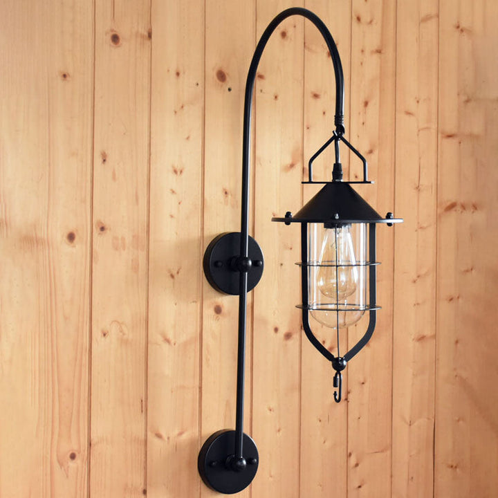 Contemporary Industrial Iron Glass Cage Curved Arm 1-Light Wall Sconce Lamp For Living Room &amp; Bedroom