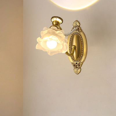 Traditional French Floral Brass Glass 1-Light Wall Sconce Lamp For Bedroom