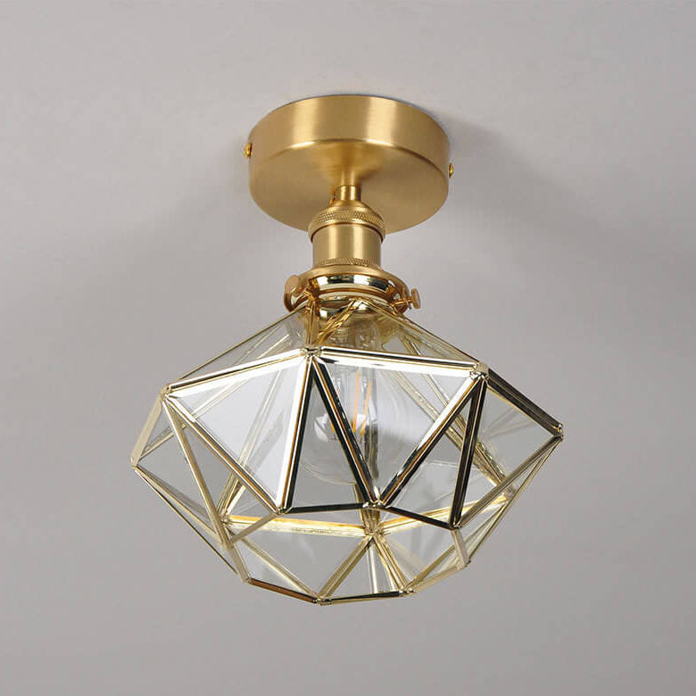 Modern Brass Glass Diamond 1-Light Semi-Flush Mount Ceiling Light