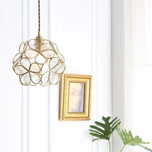 Modern Art Deco Petal Bubble Glass Shade Brass Frame 1-Light Pendant Light For Living Room