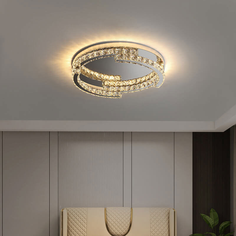 Round Simple Stainless Steel Crystal Multilayer Design LED Flush Mount Light