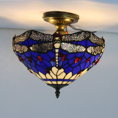 European Tiffany Purple Dragonfly Stained Glass 1-Light Semi-Flush Mount Ceiling Light